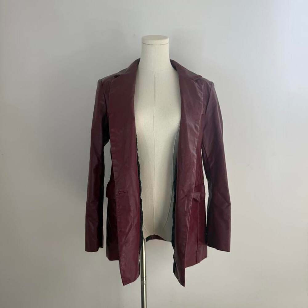 Burgundy Vegan Leather Blazer | Single Button Longline Coat | Women’s Medium